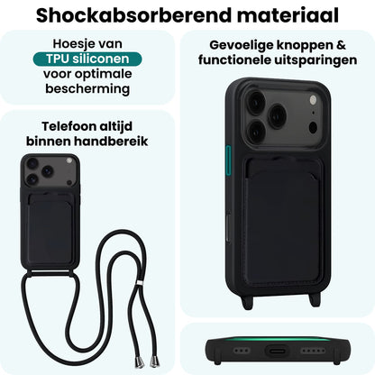 Forterra iPhone 17 Pro Max Hoesje Met Telefoonkoord en Pasjeshouder Siliconen - Zwart