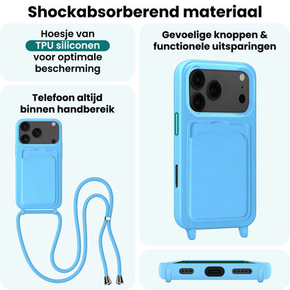 Forterra iPhone 17 Pro Hoesje Met Telefoonkoord en Pasjeshouder Siliconen - Lichtblauw