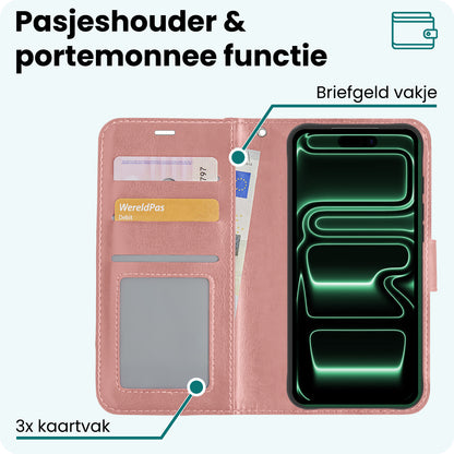 Forterra iPhone 17 Pro Hoesje Bookcase Cover met Kaarthouder - Rosé goud