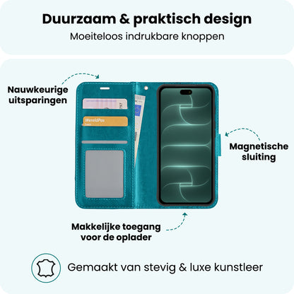 Forterra iPhone 18 Pro Max Hoesje Bookcase Cover met Kaarthouder - Turquoise