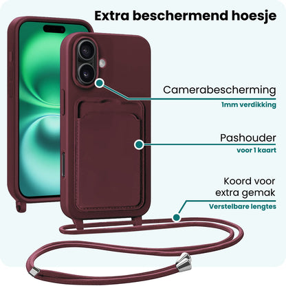 Forterra iPhone 16 Hoesje Met Telefoonkoord en Pasjeshouder Siliconen - Aubergine
