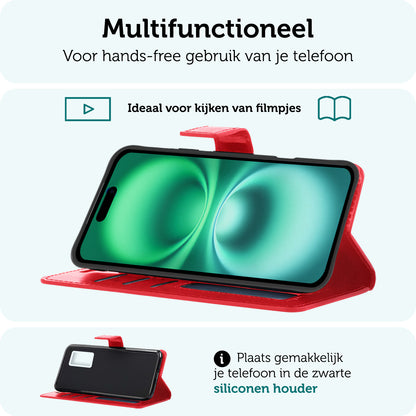 Forterra iPhone 16 Hoesje Bookcase Cover met Kaarthouder - Rood