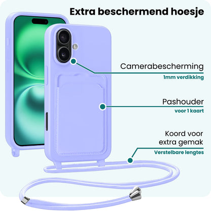 Forterra iPhone 16 Plus Hoesje Met Telefoonkoord en Pasjeshouder Siliconen - Lila