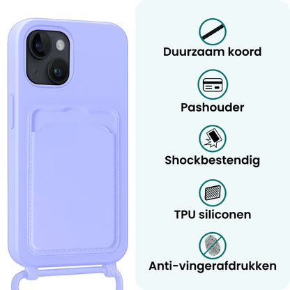 Forterra iPhone 14 Hoesje Met Telefoonkoord en Pasjeshouder Siliconen - Lila