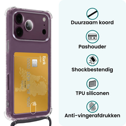 Forterra iPhone 18 Pro Max Hoesje Kaarthouder met Koord Backcover Shockproof - Transparant
