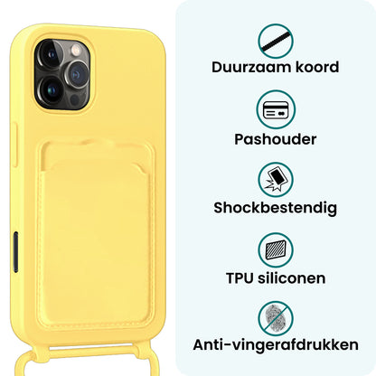 Forterra iPhone 16 Pro Max Hoesje Met Telefoonkoord en Pasjeshouder Siliconen - Geel