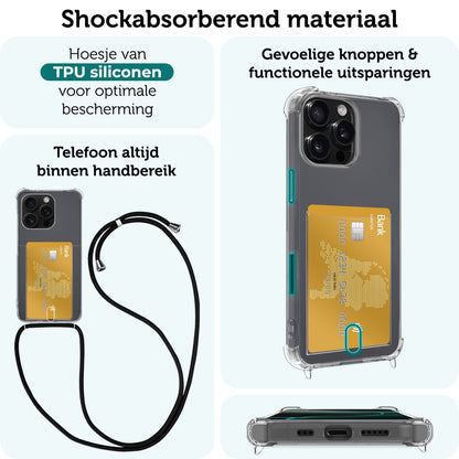 Forterra iPhone 16 Pro Max Hoesje Kaarthouder met Koord Backcover Shockproof - Transparant