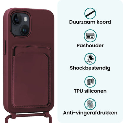 Forterra iPhone 13 Hoesje Met Telefoonkoord en Pasjeshouder Siliconen - Aubergine