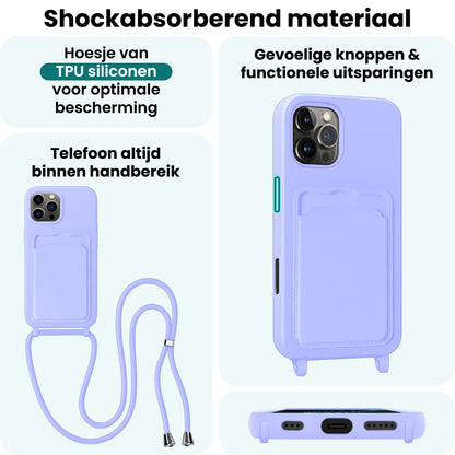 Forterra iPhone 16 Pro Hoesje Met Telefoonkoord en Pasjeshouder Siliconen - Lila