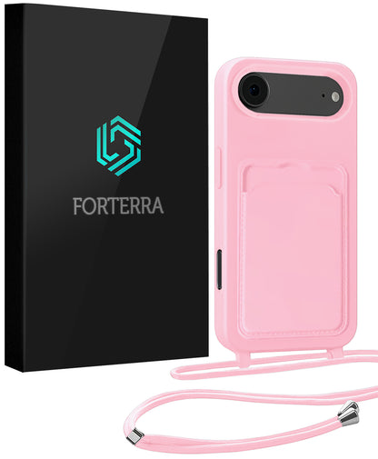 Forterra iPhone Air Hoesje Met Telefoonkoord en Pasjeshouder Siliconen - Lichtroze