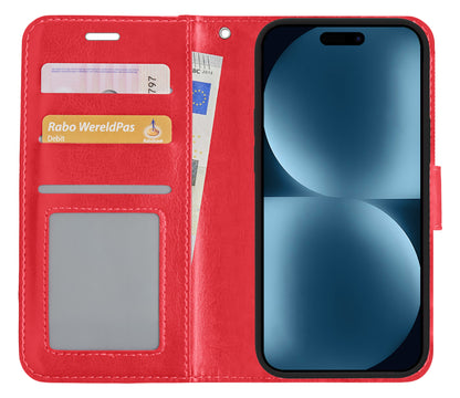 Forterra iPhone 15 Hoesje Bookcase Cover met Kaarthouder - Rood