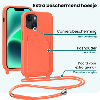 Forterra iPhone 14 Hoesje Met Telefoonkoord en Pasjeshouder Siliconen - Papaya