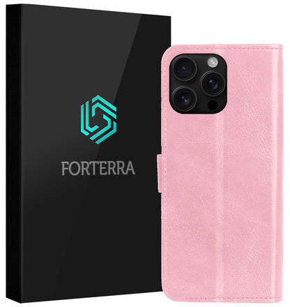 Forterra iPhone 16 Pro Hoesje Bookcase Cover met Kaarthouder - Lichtroze