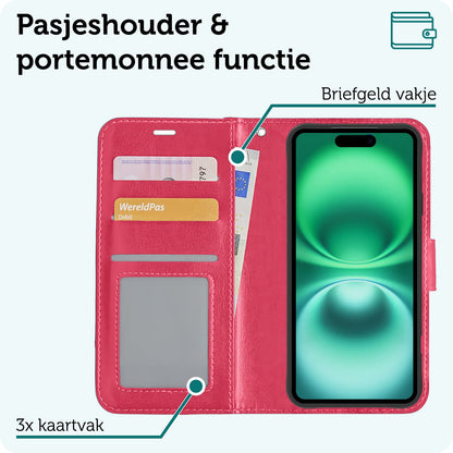 Forterra iPhone 16 Plus Hoesje Bookcase Cover met Kaarthouder - Donkerroze