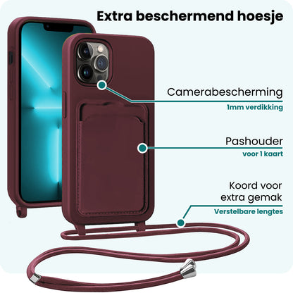 Forterra iPhone 13 Pro Max Hoesje Met Telefoonkoord en Pasjeshouder Siliconen - Aubergine