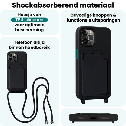 Forterra iPhone 14 Pro Hoesje Met Telefoonkoord en Pasjeshouder Siliconen - Zwart