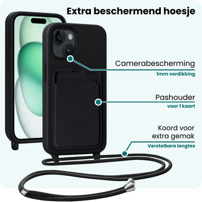 Forterra iPhone 15 Hoesje Met Telefoonkoord en Pasjeshouder Siliconen - Zwart