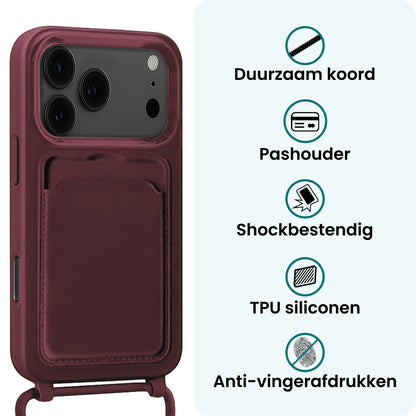 Forterra iPhone 17 Pro Hoesje Met Telefoonkoord en Pasjeshouder Siliconen - Aubergine