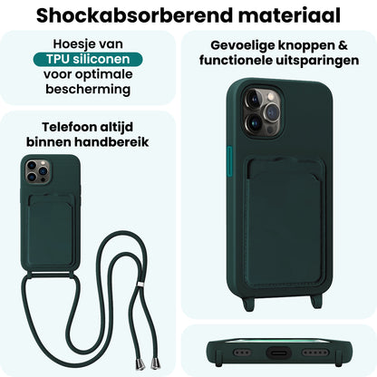 Forterra iPhone 15 Pro Hoesje Met Telefoonkoord en Pasjeshouder Siliconen - Donkergroen
