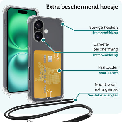 Forterra iPhone 16 Plus Hoesje Kaarthouder met Koord Backcover Shockproof - Transparant