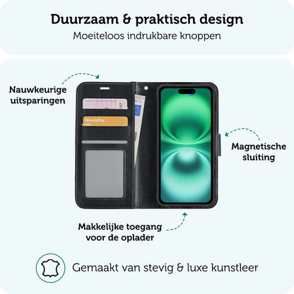 Forterra iPhone 16 Hoesje Bookcase Cover met Kaarthouder - Zwart