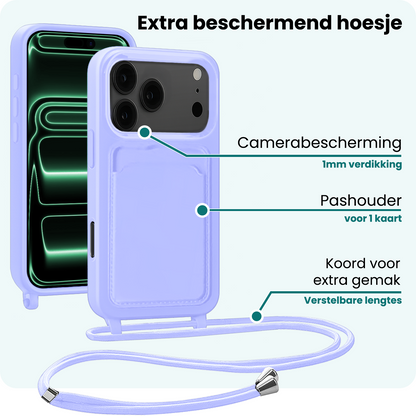 Forterra iPhone 17 Pro Max Hoesje Met Telefoonkoord en Pasjeshouder Siliconen - Lila