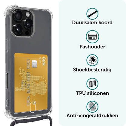 Forterra iPhone 16 Pro Max Hoesje Kaarthouder met Koord Backcover Shockproof - Transparant