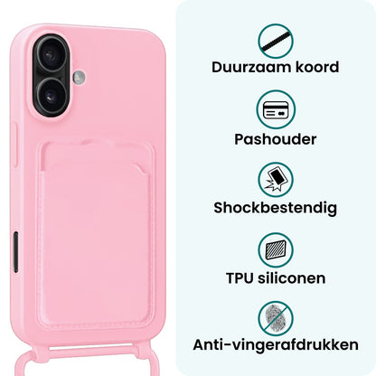 Forterra iPhone 17 Hoesje Met Telefoonkoord en Pasjeshouder Siliconen - Lichtroze