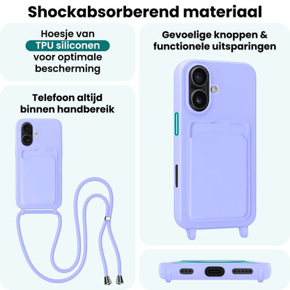 Forterra iPhone 16 Plus Hoesje Met Telefoonkoord en Pasjeshouder Siliconen - Lila