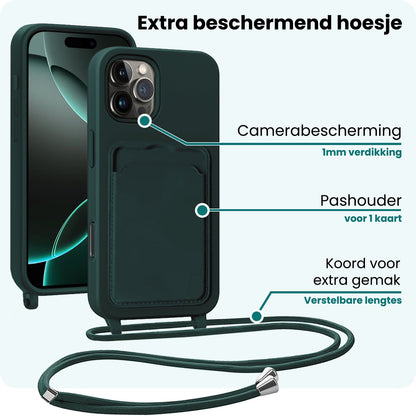 Forterra iPhone 16 Pro Hoesje Met Telefoonkoord en Pasjeshouder Siliconen - Donkergroen