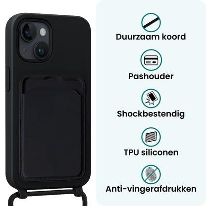Forterra iPhone 15 Hoesje Met Telefoonkoord en Pasjeshouder Siliconen - Zwart