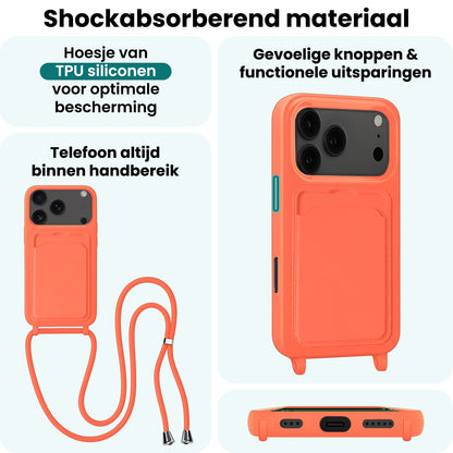 Forterra iPhone 17 Pro Hoesje Met Telefoonkoord en Pasjeshouder Siliconen - Papaya