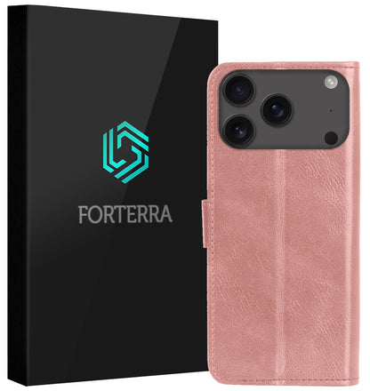 Forterra iPhone 17 Pro Hoesje Bookcase Cover met Kaarthouder - Rosé goud