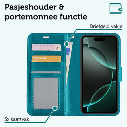 Forterra iPhone 16 Pro Hoesje Bookcase Cover met Kaarthouder - Turquoise