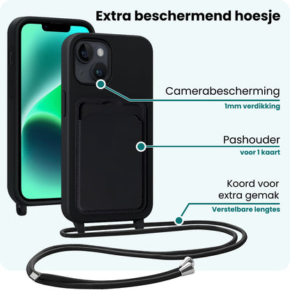 Forterra iPhone 13 Hoesje Met Telefoonkoord en Pasjeshouder Siliconen - Zwart