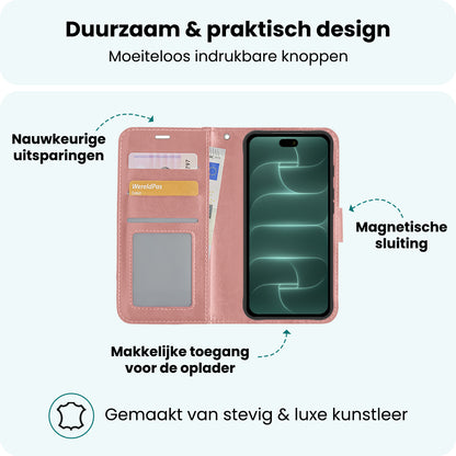 Forterra iPhone 18 Pro Max Hoesje Bookcase Cover met Kaarthouder - Rosé goud