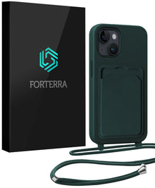 Forterra iPhone 15 Plus Hoesje Met Telefoonkoord en Pasjeshouder Siliconen - Donkergroen