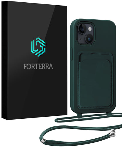 Forterra iPhone 15 Plus Hoesje Met Telefoonkoord en Pasjeshouder Siliconen - Donkergroen