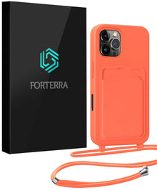 Forterra iPhone 16 Pro Max Hoesje Met Telefoonkoord en Pasjeshouder Siliconen - Papaya