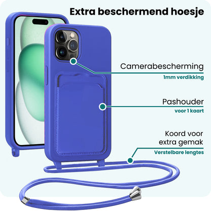Forterra iPhone 15 Pro Max Hoesje Met Telefoonkoord en Pasjeshouder Siliconen - Felblauw