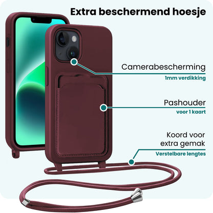Forterra iPhone 13 Hoesje Met Telefoonkoord en Pasjeshouder Siliconen - Aubergine