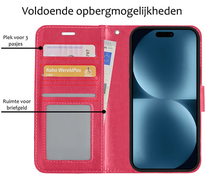 Forterra iPhone 15 Hoesje Bookcase Cover met Kaarthouder - Donkerroze