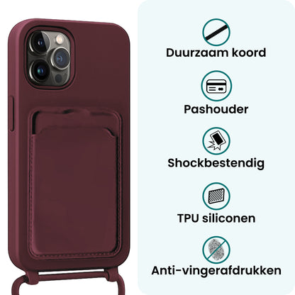 Forterra iPhone 15 Pro Hoesje Met Telefoonkoord en Pasjeshouder Siliconen - Aubergine