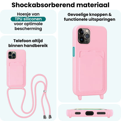 Forterra iPhone 15 Pro Hoesje Met Telefoonkoord en Pasjeshouder Siliconen - Lichtroze