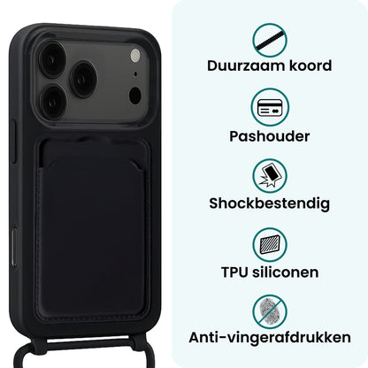 Forterra iPhone 17 Pro Max Hoesje Met Telefoonkoord en Pasjeshouder Siliconen - Zwart