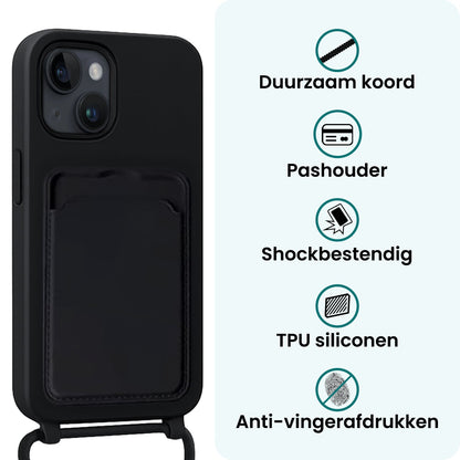 Forterra iPhone 15 Plus Hoesje Met Telefoonkoord en Pasjeshouder Siliconen - Zwart
