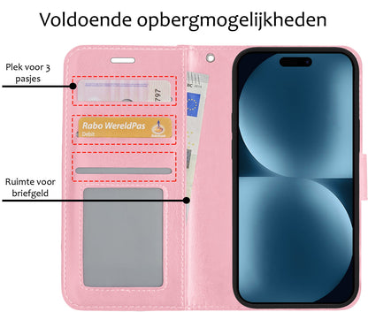 Forterra iPhone 15 Plus Hoesje Bookcase Cover met Kaarthouder - Lichtroze