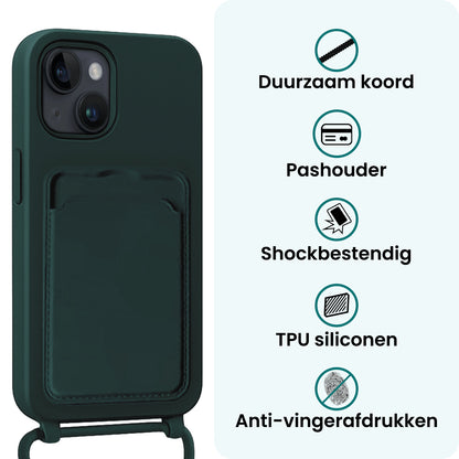 Forterra iPhone 14 Plus Hoesje Met Telefoonkoord en Pasjeshouder Siliconen - Donkergroen