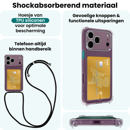 Forterra iPhone 18 Pro Hoesje Kaarthouder met Koord Backcover Shockproof - Transparant
