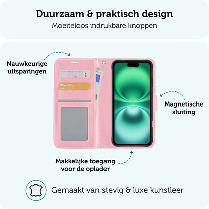 Forterra iPhone 16 Hoesje Bookcase Cover met Kaarthouder - Lichtroze